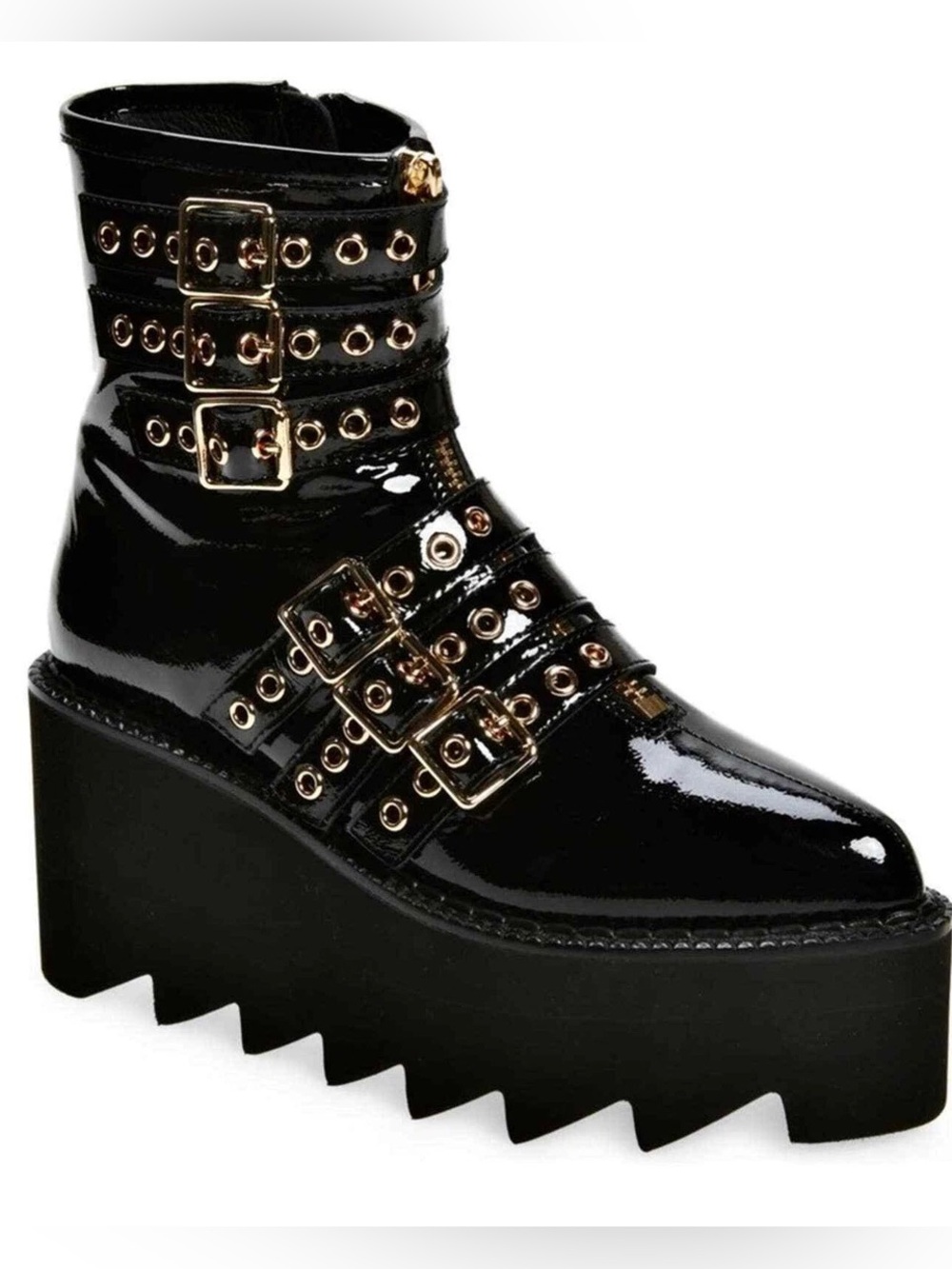 Jeffrey Campbell Black Patent Platform Ankle Boot with Gold Buckles